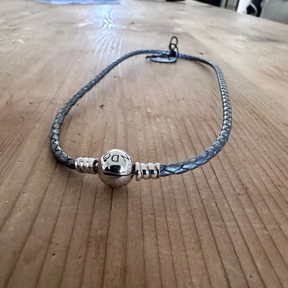 PANDORA Moments double woven leather bracelet, silver grey NEW with tags SZ D3